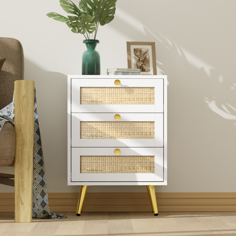 Rattan Nightstand, 26" H White Nightstand Small Dresser with 3 Rattan Drawers Wooden Bedside Table End Table for Living Room Bedroom