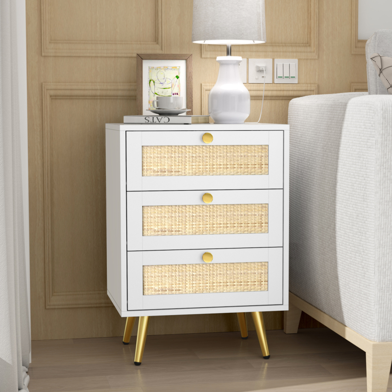 Rattan Nightstand, 26" H White Nightstand Small Dresser with 3 Rattan Drawers Wooden Bedside Table End Table for Living Room Bedroom