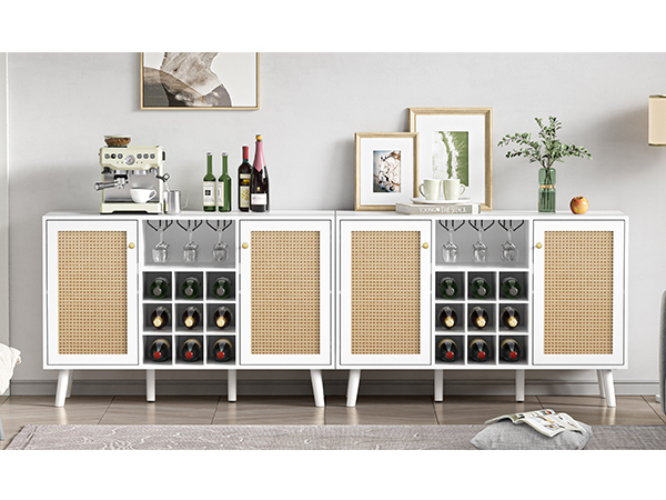 Rattan Wine Bar Cabinet 2-Door Farmhouse Liquor Cabinet with Wine Rack and Glass Holder, White Sideboard Buffet Storage, Modern Wooden Coffee Bar Cabinet for Living Dining Room Kitchen