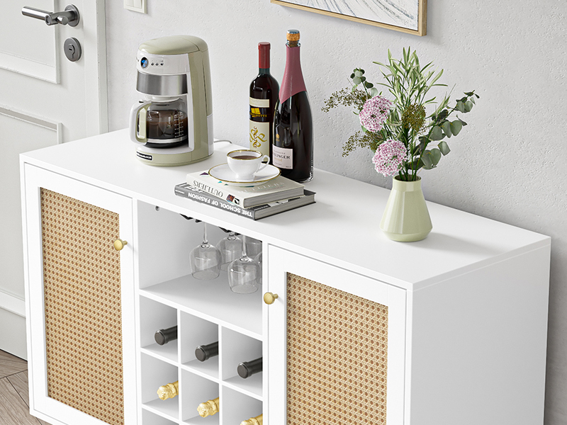 Rattan Wine Bar Cabinet 2-Door Farmhouse Liquor Cabinet with Wine Rack and Glass Holder, White Sideboard Buffet Storage, Modern Wooden Coffee Bar Cabinet for Living Dining Room Kitchen