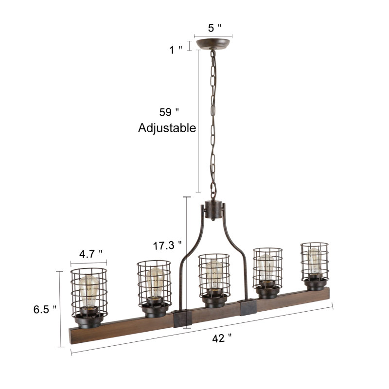 Farmhouse Cage Rustic Chandelier Kitchen Island 5 Lights, 42" L Large Linear Industrial Pool Table Pendant Lighting Vintage Edison Ceiling Light Fixture, Brown & Black