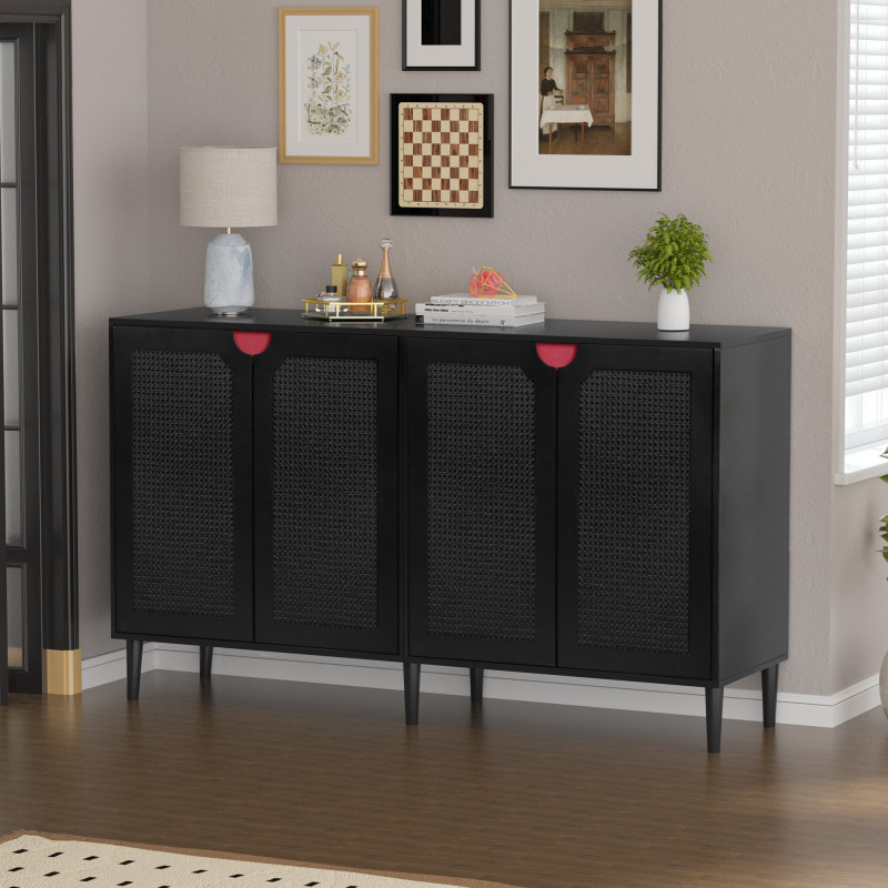 Rattan Sideboard Buffet Cabinet with 4 Doors, Large Kitchen Storage Cabinet Black Sideboard with Adjustable Shelf Credenzas for Living Room Dining Room Hallway