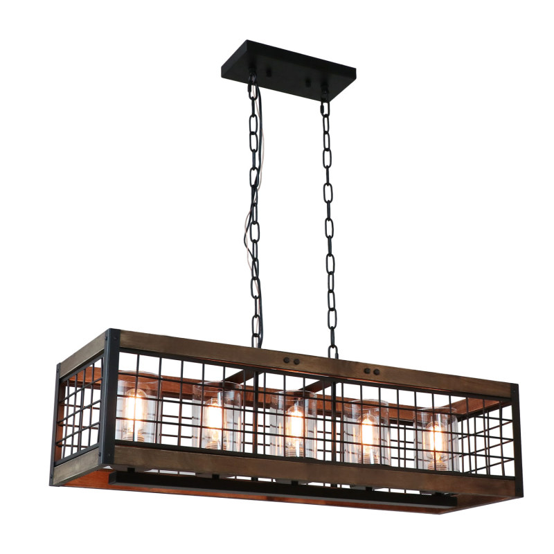 Rustic Light Fixture Long Rectangle Wood Chandelier Industrial Kitchen Chandelier Hanging Ceiling Pendant Light with 5 Glass Shades, UL Listed