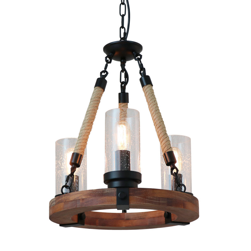 Wooden Ring Hemp Rope Chandelier Retro Farmhouse Pendant Lighting Round Wagon Wheel Light Fixtures 3 Lights with Glass Shade, Brown