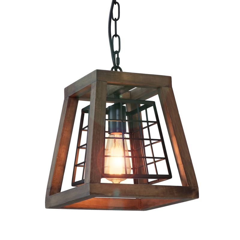 1 Light Rustic Wood Pendant Light with Cage, 9.8" Retro Industrial Farmhouse Chandelier Vintage Edison Ceiling Island Lighting Fixture, Brown Wood & Black Metal