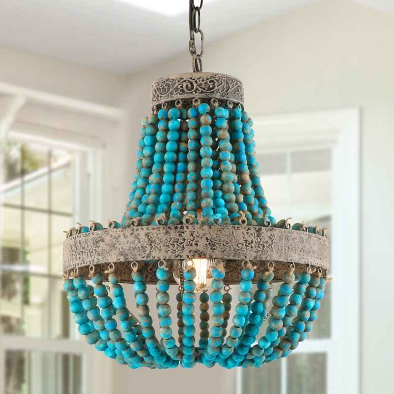 1-Light Wood Beaded Chandelier, Mini Sized Rustic Farmhouse Bohemian Boho Beachy Pendant Lighting Fixture for Dining Room Entryway