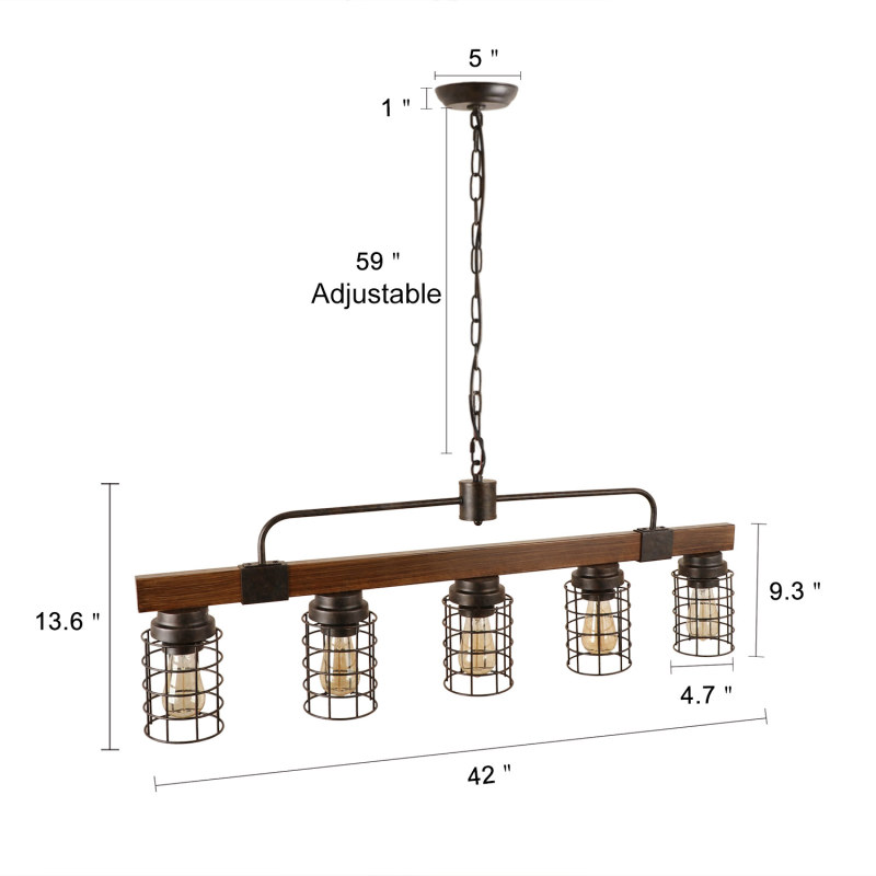 Anmytek Industrial Linear Kitchen Island Light, 5-Light Farmhouse Chandelier with Rustic Metal Mesh Cage, Pendant Lighting Fixture for Kitchen Island Dining Room Pool Table Living Room