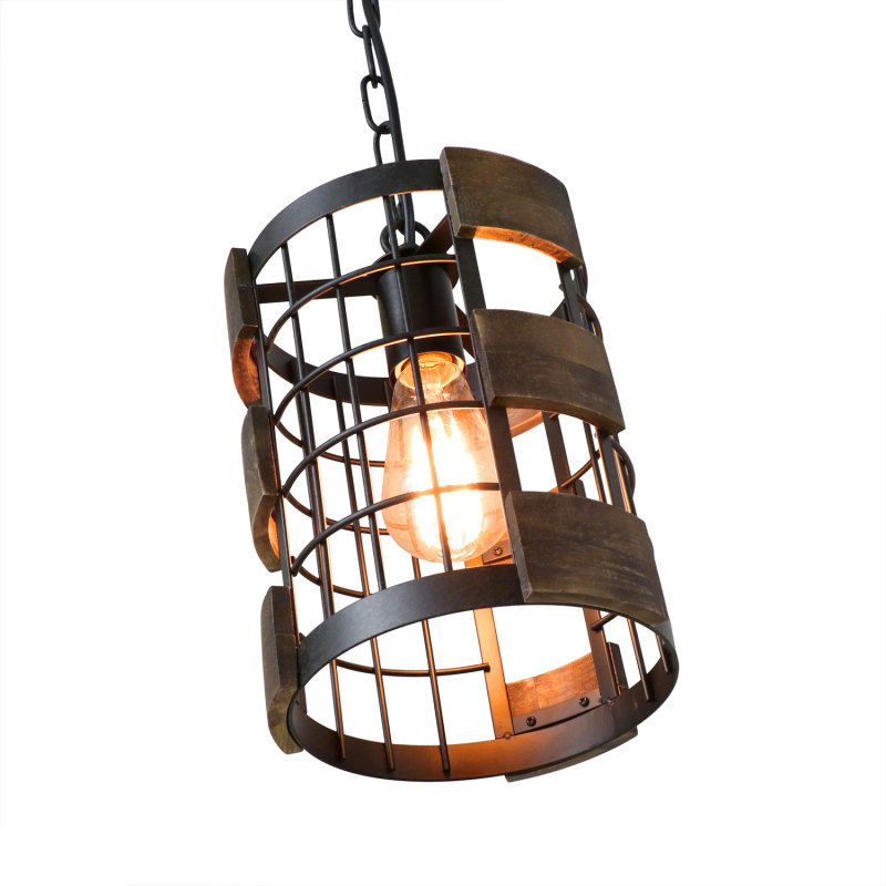 Anmytek Farmhouse Kitchen Pendant Light 7.8" Circular Industrial Mesh Cage Rustic Chandelier Ceiling Lighting Fixture, Brown Wood