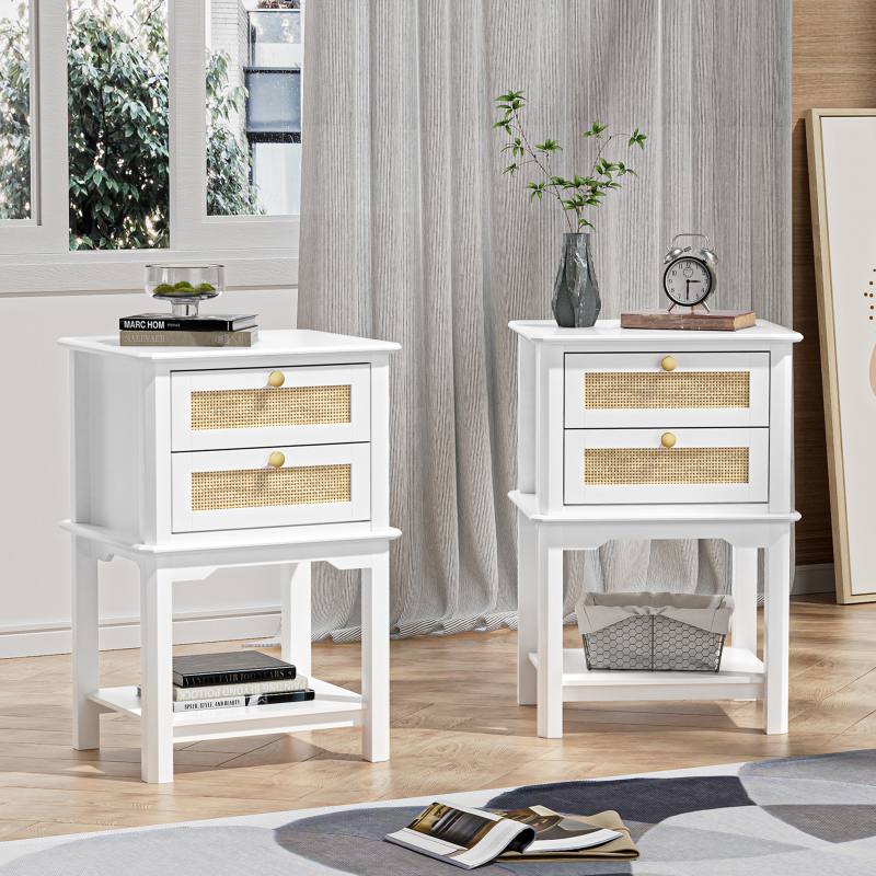 Anmytek Farmhouse Night Stand, Wood Bedside Table with 2 Drawers, Natural Rattan Nightstand, White End Side Table, Night Stand Cabinet for Living Room Bedroom