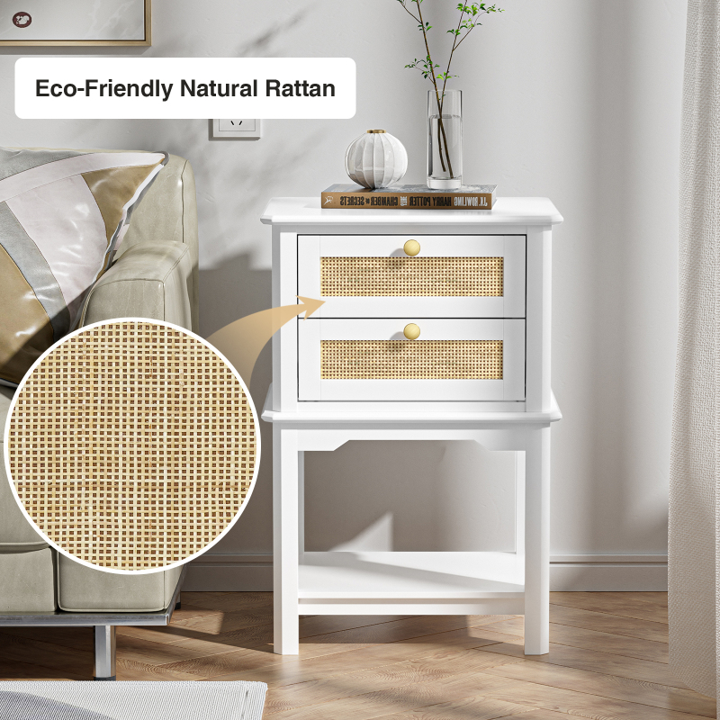 Anmytek Farmhouse Night Stand, Wood Bedside Table with 2 Drawers, Natural Rattan Nightstand, White End Side Table, Night Stand Cabinet for Living Room Bedroom