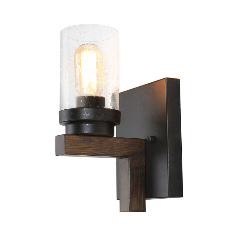 Anmytek Rustic Style Bathroom Lighting Metal Wall Sconce with Seeded Glass Shade, Industrial Wall Light Log Cabin Home Retro Edison Sconce Lighting Fixtures 2-Lights, Black