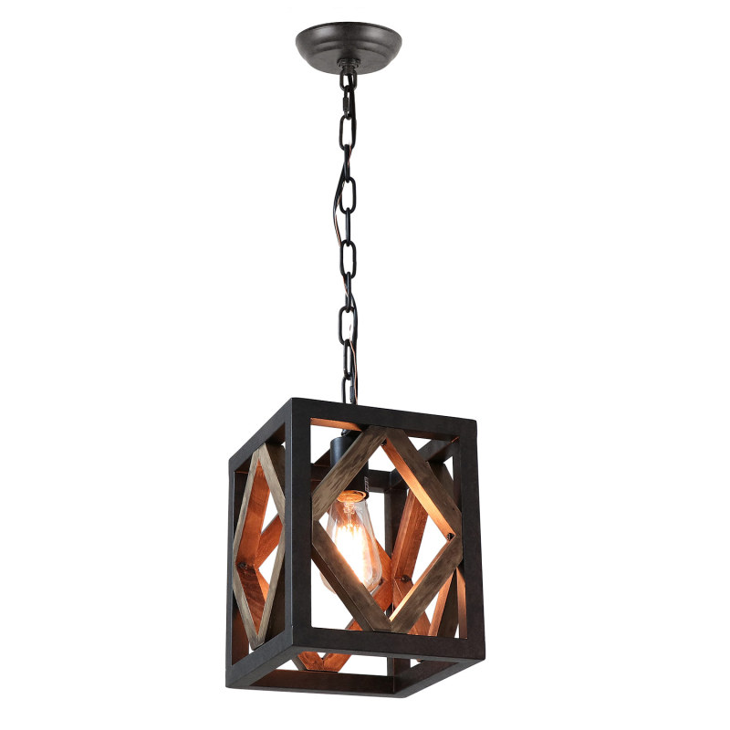 Anmytek 1 Light Metal Frame Wood Farmhouse Kitchen Pendant Light, 7.8&quot; L Industrial Rustic Chandelier Lamp Vintage Edison Ceiling Island Lighting Fixture, Brown &amp; Black