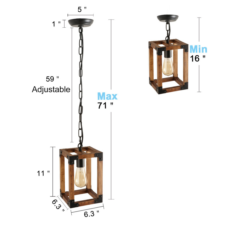 Anmytek Wood Pendant Light Rustic Farmhouse Hanging Light Fixture with Adjustable Chain for Kitchen Island