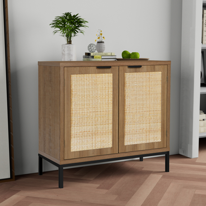 Anmytek Rustic Oak Accent Storage Cabinet with 2 Rattan Doors, Mid Century Natural Wood Sideboard Furniture for Living Room