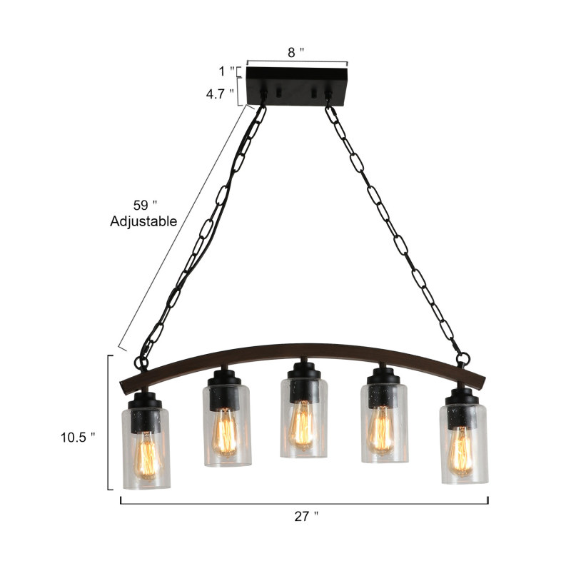 Anmytek Industrial Pendant Light with Seeded Glass Lamp Shade, 5-Light Rustic Farmhouse Metal Chandelier with Faux Wood Finish for Kitchen Island Dining Room
