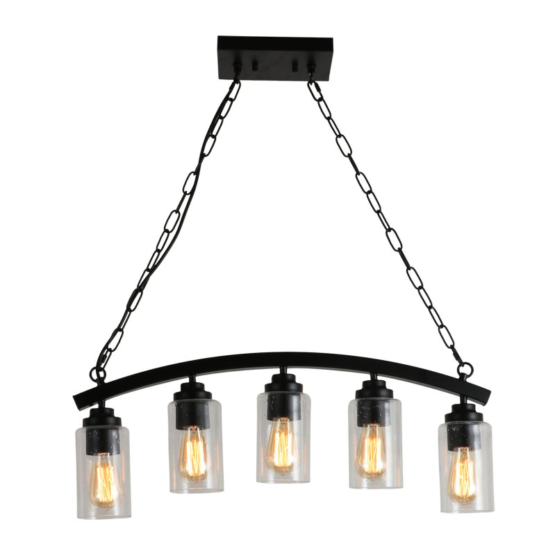 Anmytek Black Metal Pendant Light with Seeded Glass Lamp Shade, 5-Light Rustic Framhouse Chandelier for Kitchen Island Dining Room