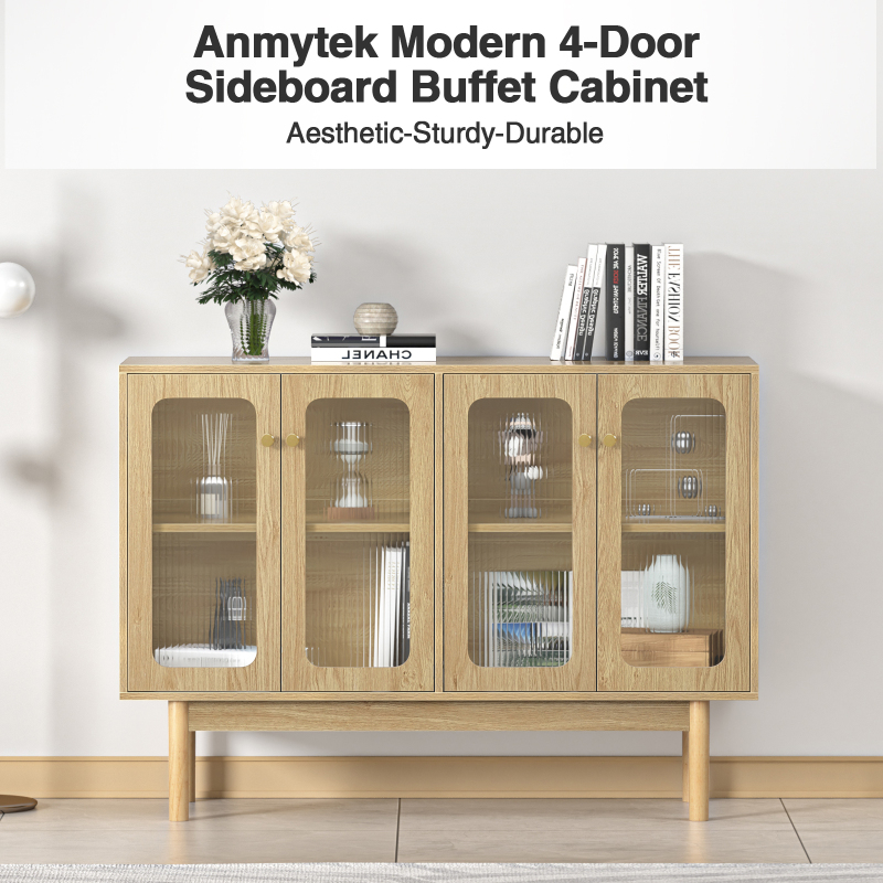 Anmytek 4 Door Buffet Cabinet with Storage, Modern Wood Sideboard Cabinet with Glass Door and Adjustable Shelves, Large Credenza Buffet Table Kitchen Bar Cabinet Natural