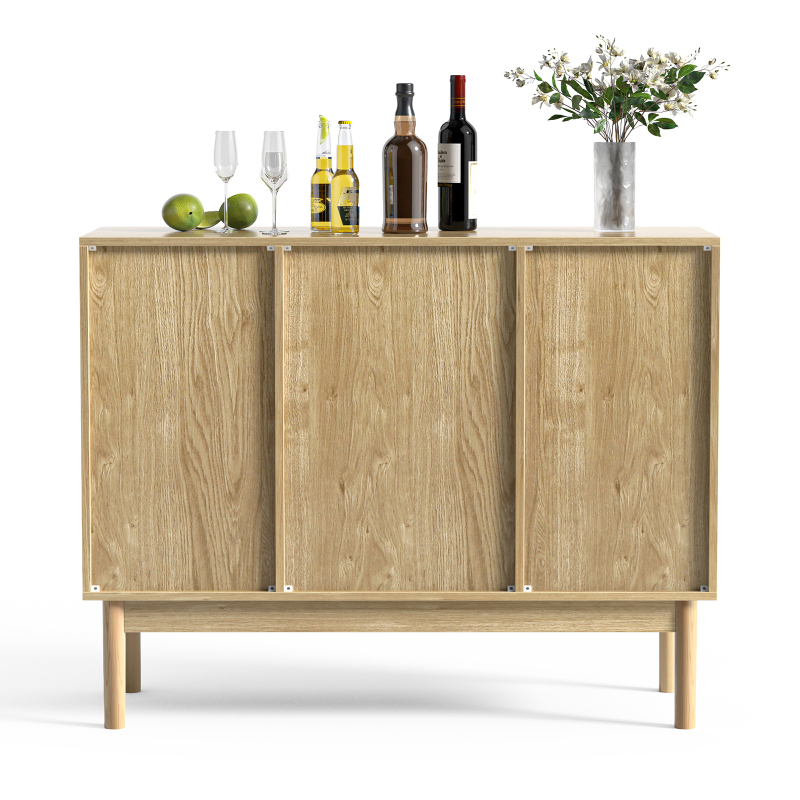 Anmytek Rattan Wine Bar Cabinet, Wood Liquor Cabinet with Wine Rack, Kitchen Sideboard Buffet Wine Cabinet with Drawer, Farmhouse Coffee Bar Cabinet for Home Living Room Dining Room, Rustic Oak