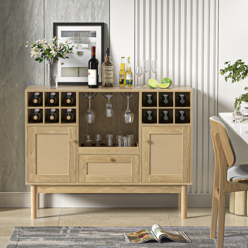 Anmytek Rattan Wine Bar Cabinet, Wood Liquor Cabinet with Wine Rack, Kitchen Sideboard Buffet Wine Cabinet with Drawer, Farmhouse Coffee Bar Cabinet for Home Living Room Dining Room, Rustic Oak
