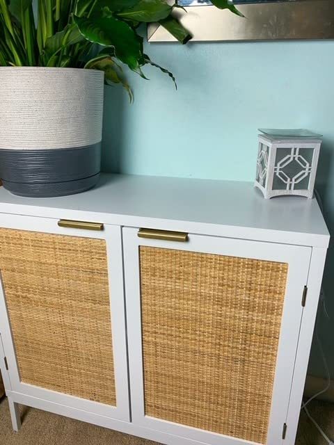 Anmytek Rustic Oak Accent Storage Cabinet with 2 Rattan Doors, Mid Century Natural Wood Sideboard Furniture for Living Room