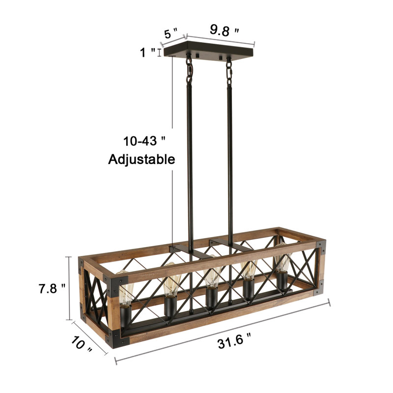Anmytek Rectangle Wood Chandelier Farmhouse Style Dining Room Kitchen Lighting Fixtures, 5 Lights Ceiling Hanging Pendant Lighting UL Listed