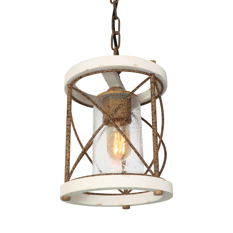 Anmytek Rust Industrial Metal Single Pendant Light Rustic Cylinder Cage Chandelier with Seeded Glass Shade, White Wood Farmhouse Hanging Light Fixture for Entryway Hallway Dining Room Bedroom Foyer