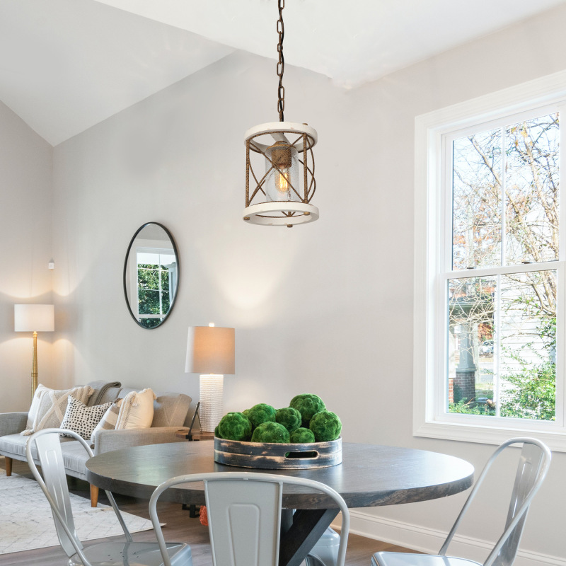 Anmytek Rust Industrial Metal Single Pendant Light Rustic Cylinder Cage Chandelier with Seeded Glass Shade, White Wood Farmhouse Hanging Light Fixture for Entryway Hallway Dining Room Bedroom Foyer