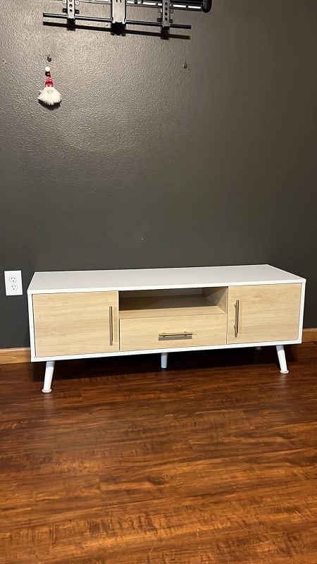 Anmytek Modern TV Stand for TVs up to 55 inch, Entertainment Center with Storage Cabinet and Drawer, TV Stand for Living Room TV Table Stand in White and Oak Finish