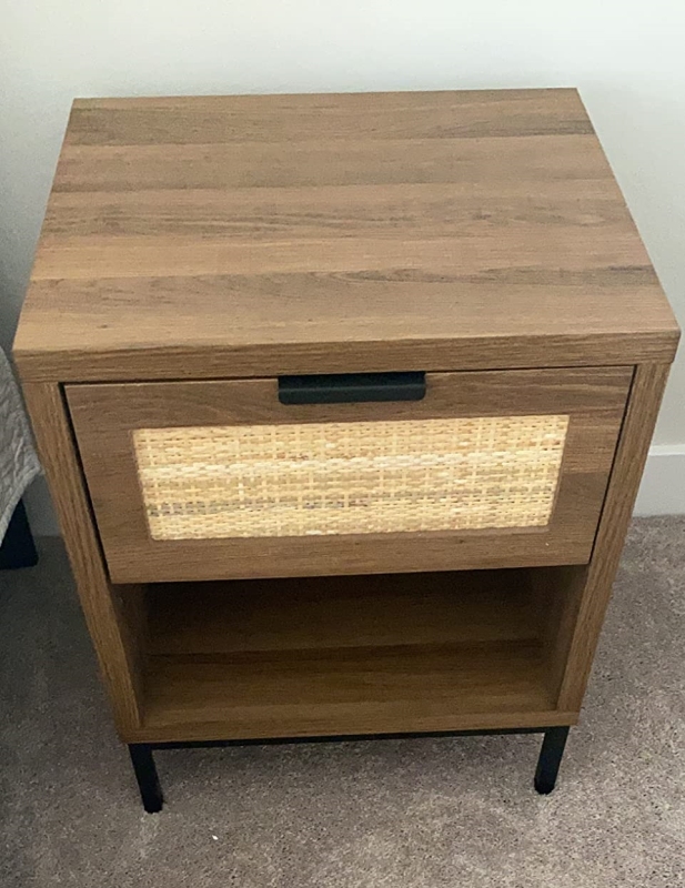 Anmytek Rattan Drawer Nightstand Side Table Wood End Table