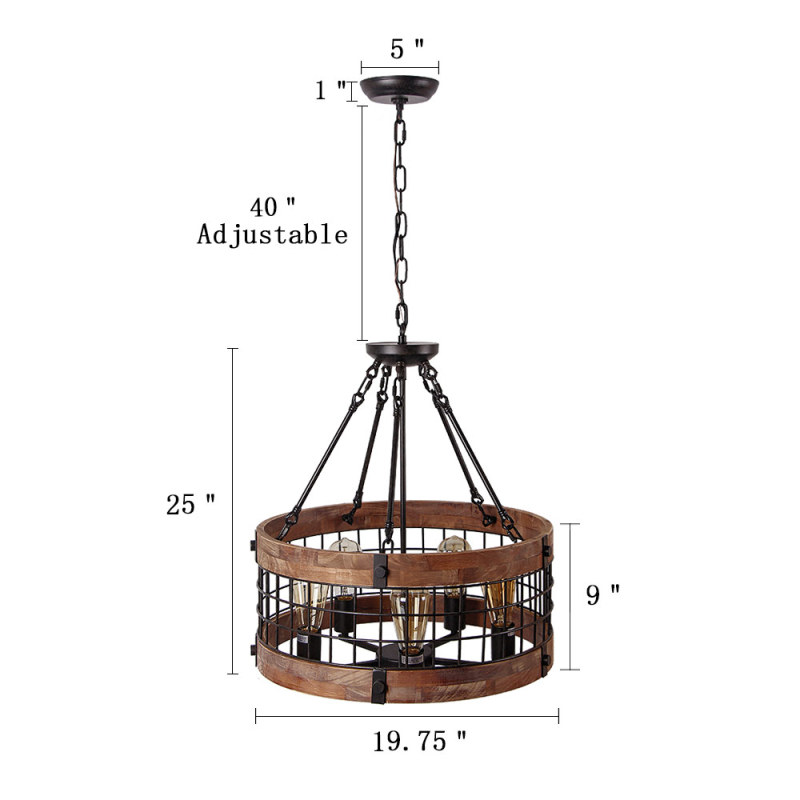 Anmytek Round Wooden Chandelier Metal Pendant Five Lights Decorative Lighting Fixture Antique Ceiling Lamp (Five Lights)