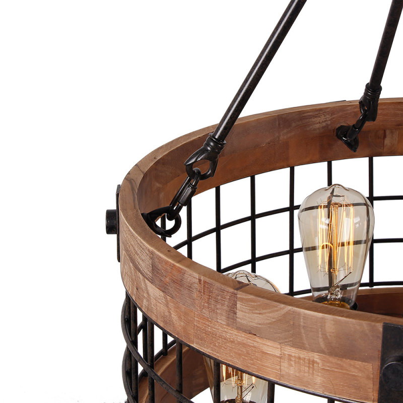 Anmytek Round Wooden Chandelier Metal Pendant Five Lights Decorative Lighting Fixture Antique Ceiling Lamp (Five Lights)