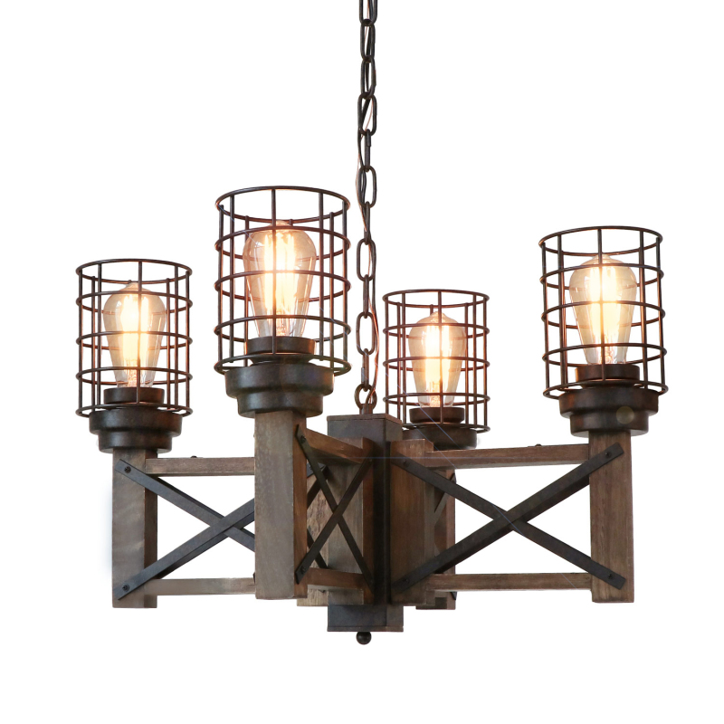 Anmytek Wood Farmhouse Rustic Chandelier, 4-Light Rustic Chandelier with Metal Cage Shades, Metal Wood Farmhouse Pendant Lighting Fixture for Kitchen Island Dining Room