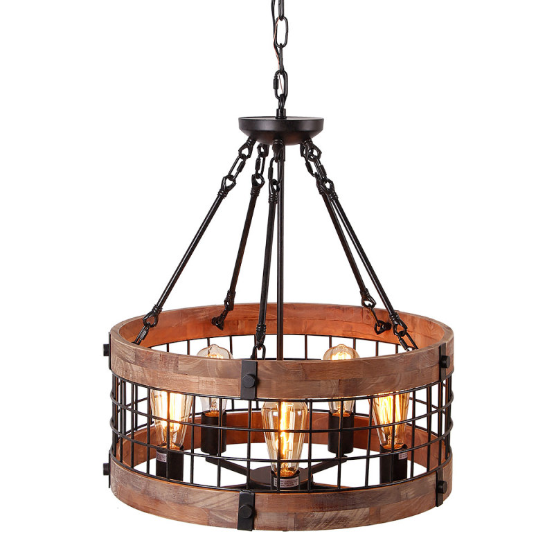 Anmytek Round Wooden Chandelier Metal Pendant Five Lights Decorative Lighting Fixture Antique Ceiling Lamp (Five Lights)