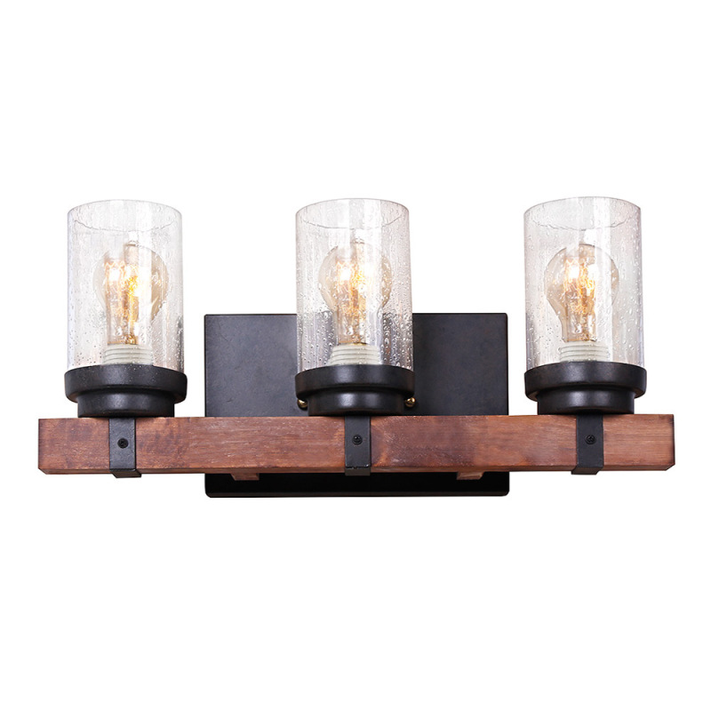 Anmytek 3-Light Wall Mount Sconce Lighting Vintage Wood Wall Light Fixtures Bathroom Vanity Light Over Mirror for Bedroom,Kitchen,Living Room,Hallway with Bubble Glass Shade