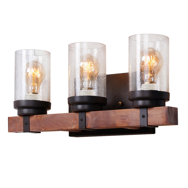 Anmytek 3-Light Wall Mount Sconce Lighting Vintage Wood Wall Light Fixtures Bathroom Vanity Light Over Mirror for Bedroom,Kitchen,Living Room,Hallway with Bubble Glass Shade