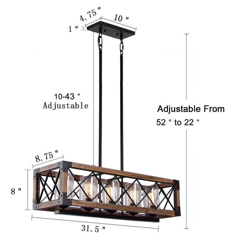 Anmytek Rectangle Wood Metal Pendant Light Kitchen Island Chandelier Black Finish Rustic Industrial Chandelier Vintage Ceiling Light Fixture 5 Lights with Glass Shade