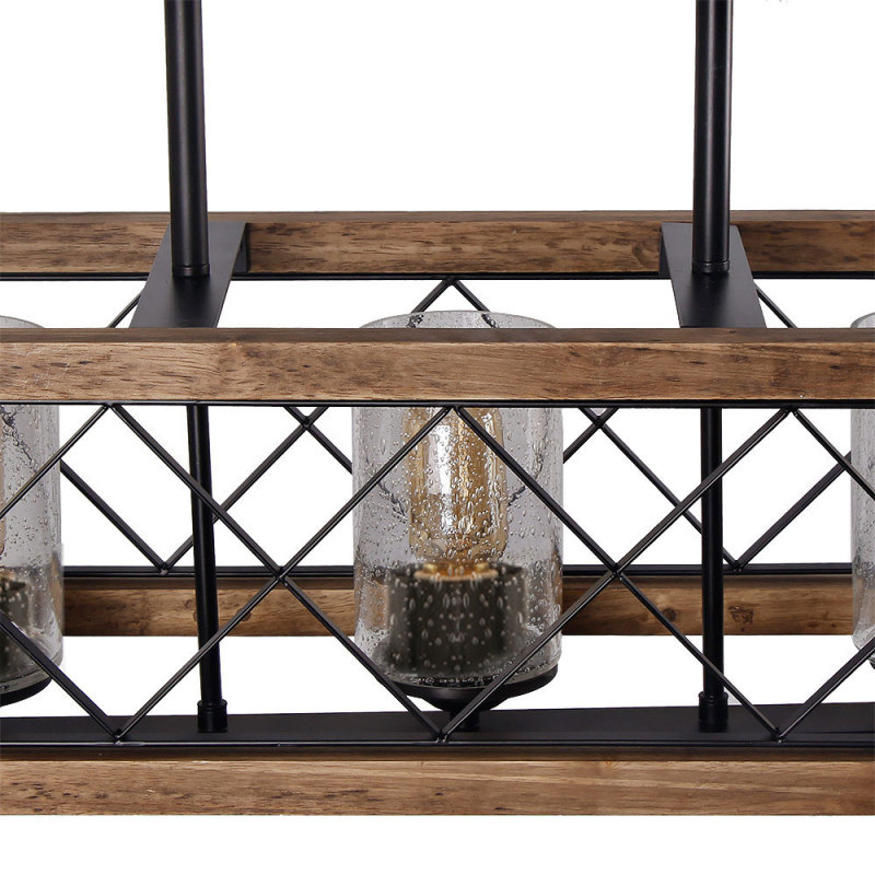 Anmytek Rectangle Wood Metal Pendant Light Kitchen Island Chandelier Black Finish Rustic Industrial Chandelier Vintage Ceiling Light Fixture 5 Lights with Glass Shade