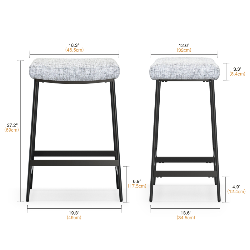 Anmytek 27" Backless Barstools Set of 2, Counter Height Bar Stools for Kitchen Modern Upholstered Saddle Seat with Thick Cushion and Footrest, Grey
