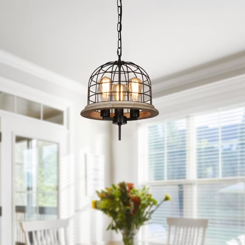 Anmytek Round Rustic Chandelier Light Fixture, 3-Light Farmhouse Pendant Lighting with Metal Wood Globe Cage Shade for Kitchen Island Dining Room