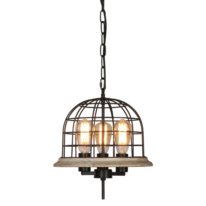 Anmytek Round Rustic Chandelier Light Fixture, 3-Light Farmhouse Pendant Lighting with Metal Wood Globe Cage Shade for Kitchen Island Dining Room