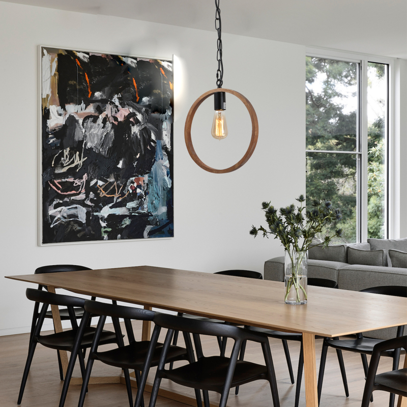 Anmytek Round Wood Chandelier, Simple 1-Light Farmhouse Pendant Lighting Fixture for Foyer Bedroom Living Room