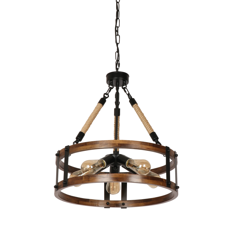 Anmytek Farmhouse Rustic Chandelier Light Fixture, 5-Light Round Wooden Chandelier, Decorative Lighting Fixture for Dining Room Kitchen Island Breakfast Area