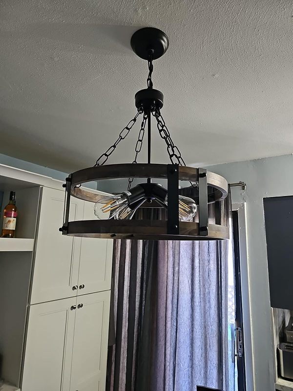 Anmytek Farmhouse Rustic Wood Chandelier, 4-Light Industrial Drum Chandelier for Dining Room Vintage Pendant Hanging Light Fixture with Black Metal Accent for Kitchen Living Room Dining Area