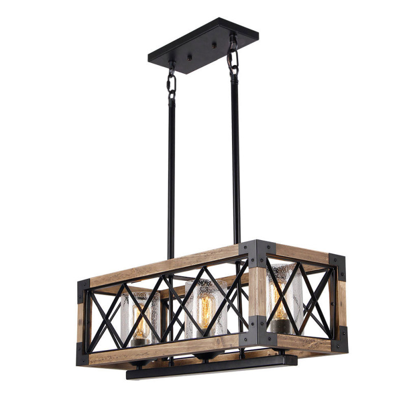 Anmytek Kitchen Island Pendant Light Rectangle Wood Metal Chandelier Black Finish Rustic Industrial Chandelier Vintage Ceiling Light Fixture 3 Lights with Glass Shade