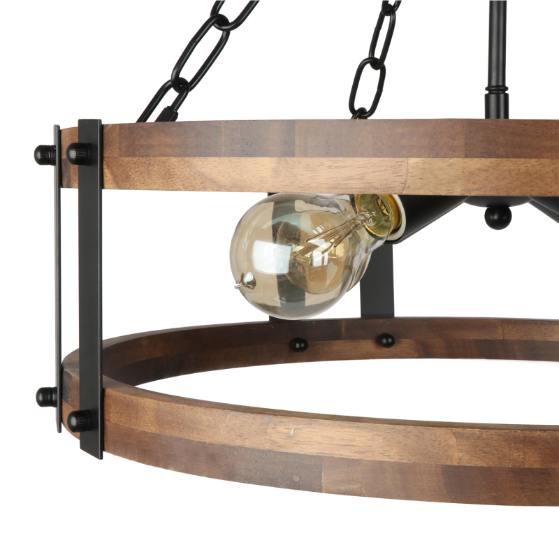 Anmytek Farmhouse Rustic Wood Chandelier, 4-Light Industrial Drum Chandelier for Dining Room Vintage Pendant Hanging Light Fixture with Black Metal Accent for Kitchen Living Room Dining Area