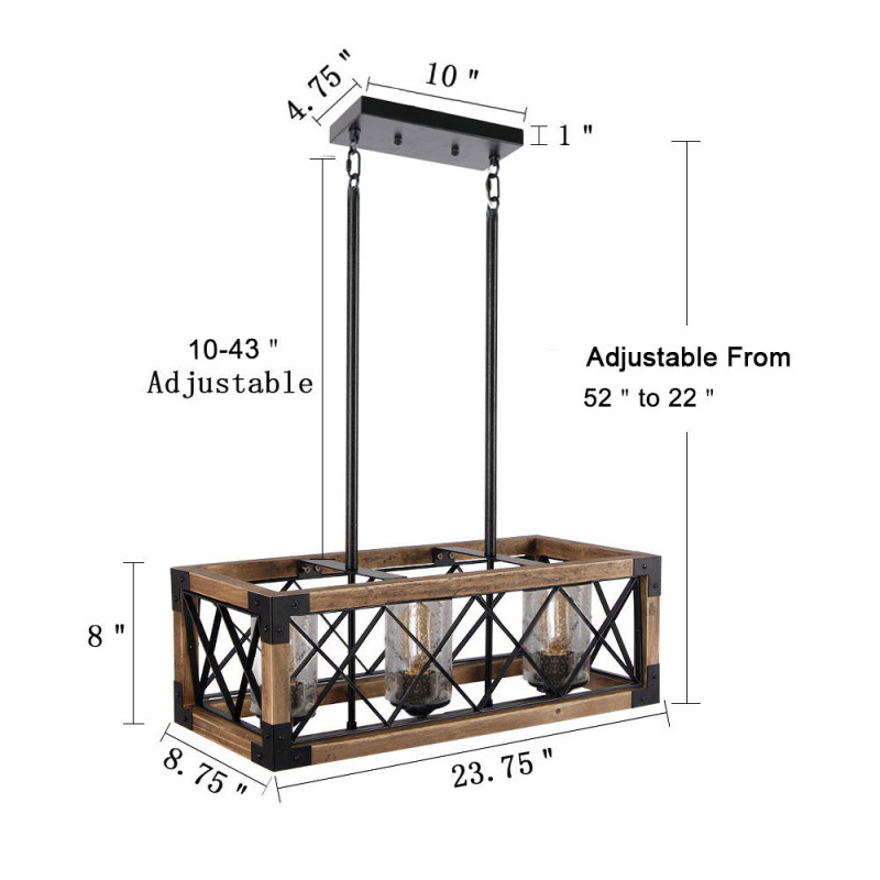 Anmytek Kitchen Island Pendant Light Rectangle Wood Metal Chandelier Black Finish Rustic Industrial Chandelier Vintage Ceiling Light Fixture 3 Lights with Glass Shade