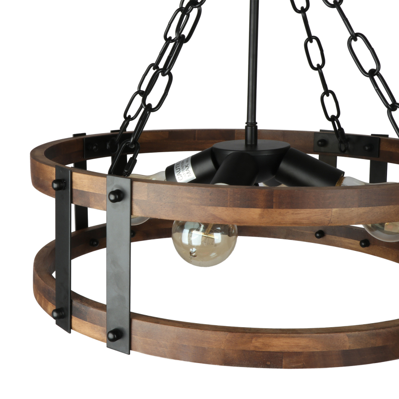 Anmytek Farmhouse Rustic Wood Chandelier, 4-Light Industrial Drum Chandelier for Dining Room Vintage Pendant Hanging Light Fixture with Black Metal Accent for Kitchen Living Room Dining Area