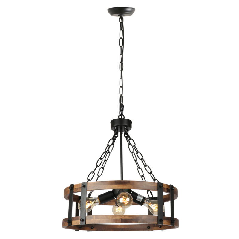 Anmytek Farmhouse Rustic Wood Chandelier, 4-Light Industrial Drum Chandelier for Dining Room Vintage Pendant Hanging Light Fixture with Black Metal Accent for Kitchen Living Room Dining Area