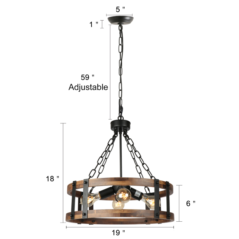 Anmytek Farmhouse Rustic Wood Chandelier, 4-Light Industrial Drum Chandelier for Dining Room Vintage Pendant Hanging Light Fixture with Black Metal Accent for Kitchen Living Room Dining Area