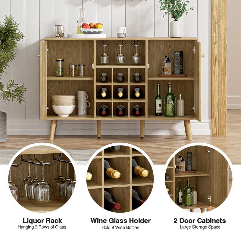 Anmytek Rattan Wine Bar Cabinet 2-Door Farmhouse Liquor Cabinet with Wine Rack and Glass Holder, White Sideboard Buffet Storage, Modern Wooden Coffee Bar Cabinet for Living Dining Room Kitchen
